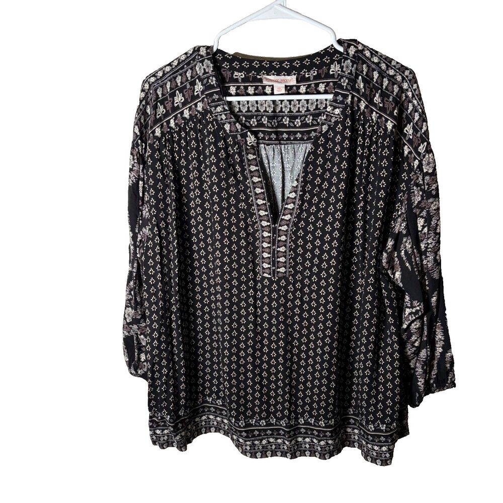 Knox Rose Blouse Women's XXL V-Neck 3/4 Sleeve Black Floral Printed Boho